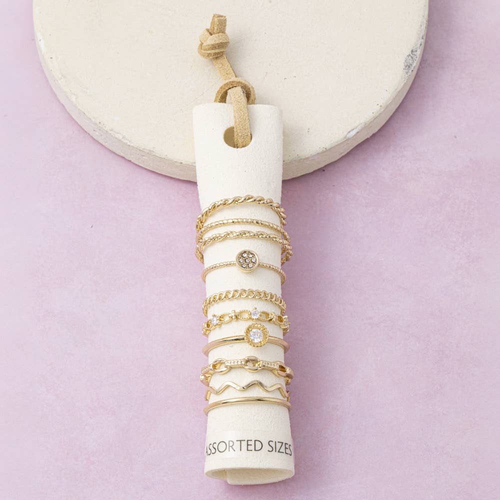 Rope Twist And Crystal Link Stacking Ring Set: GDCRY