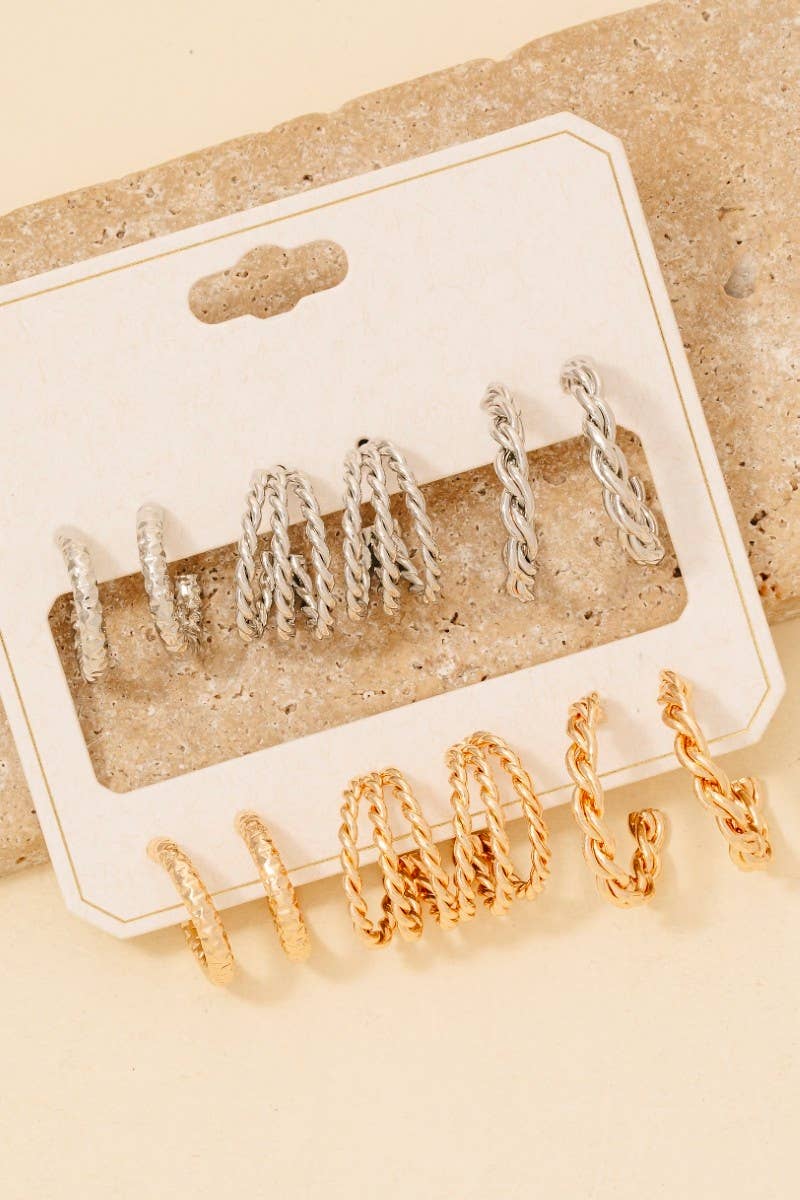 6Pc Two Tone Textured Hoop Earrings Set: SET