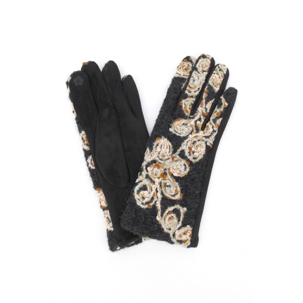 Rosette Embroidered Knit Touchscreen Gloves: BK