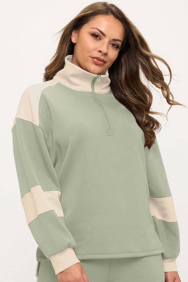 Women's Sleek Colorblock Half-Zip Cozy Fall Top Plus Size: Black/Light Khaki / XXL