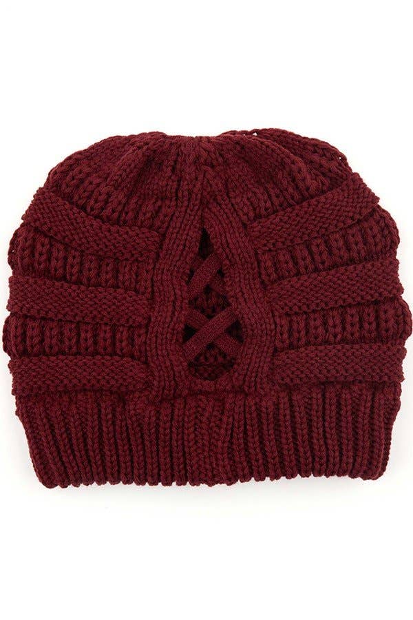 C.C Criss Cross Ponytail Knit Beanie Winter Hat: Beige