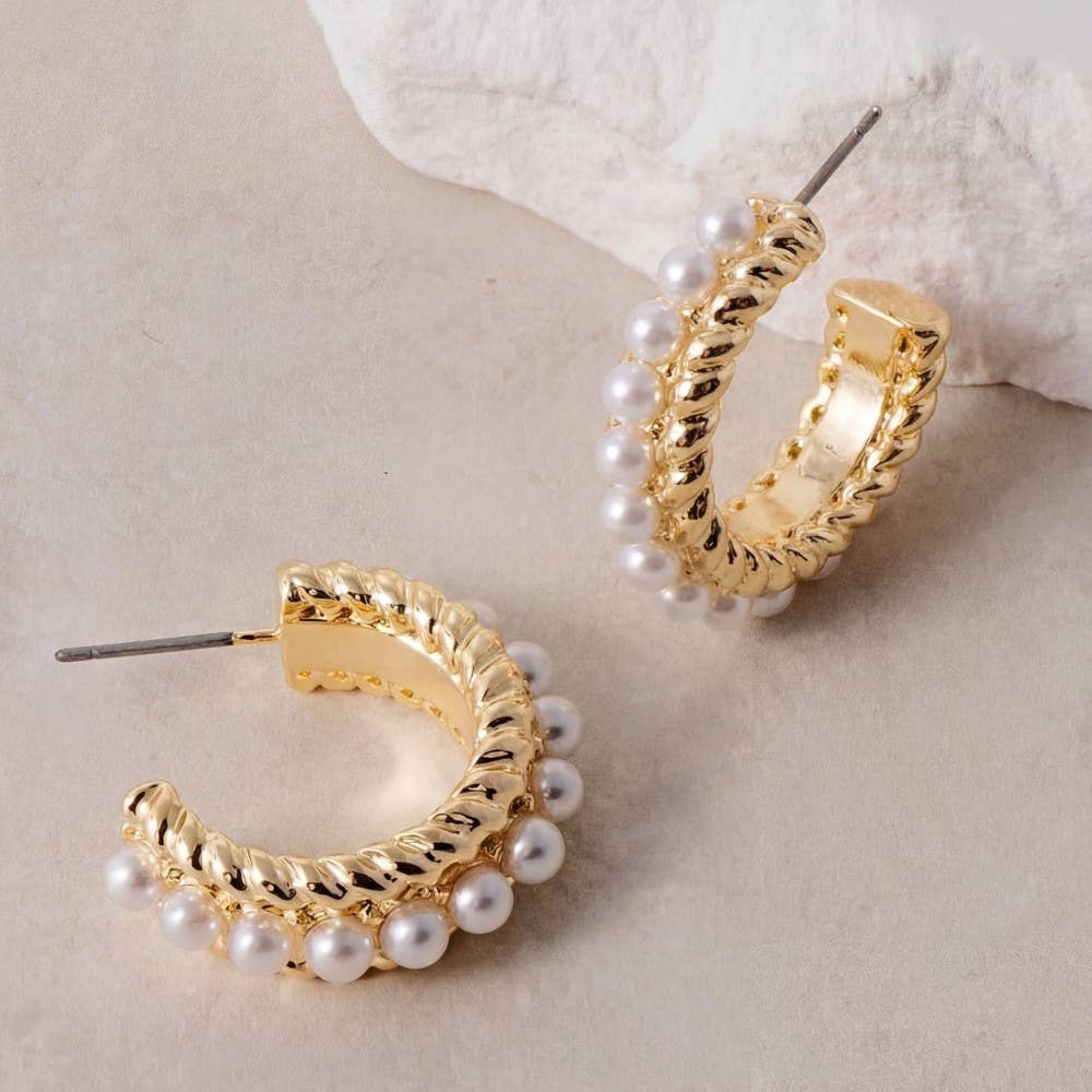 Pearl Fringe Twisted Gold Hoop Earrings: CRMGD
