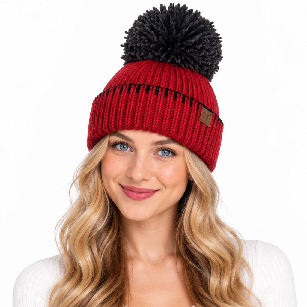 C.C Yarn Pom Game Day Team Stitch Point Beanie Hat: Red/Black