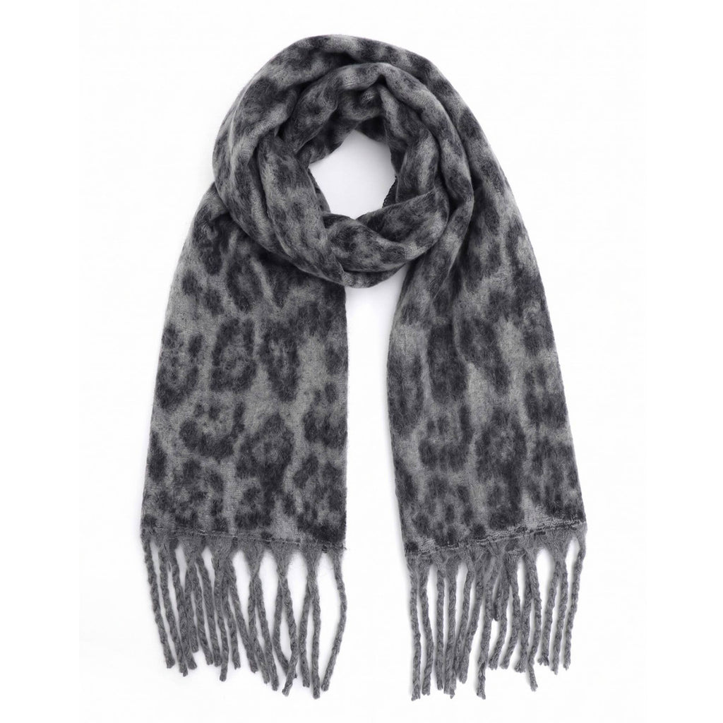 Leopard Pattern Print Brushed Fringe Oblong Scarf: Beige