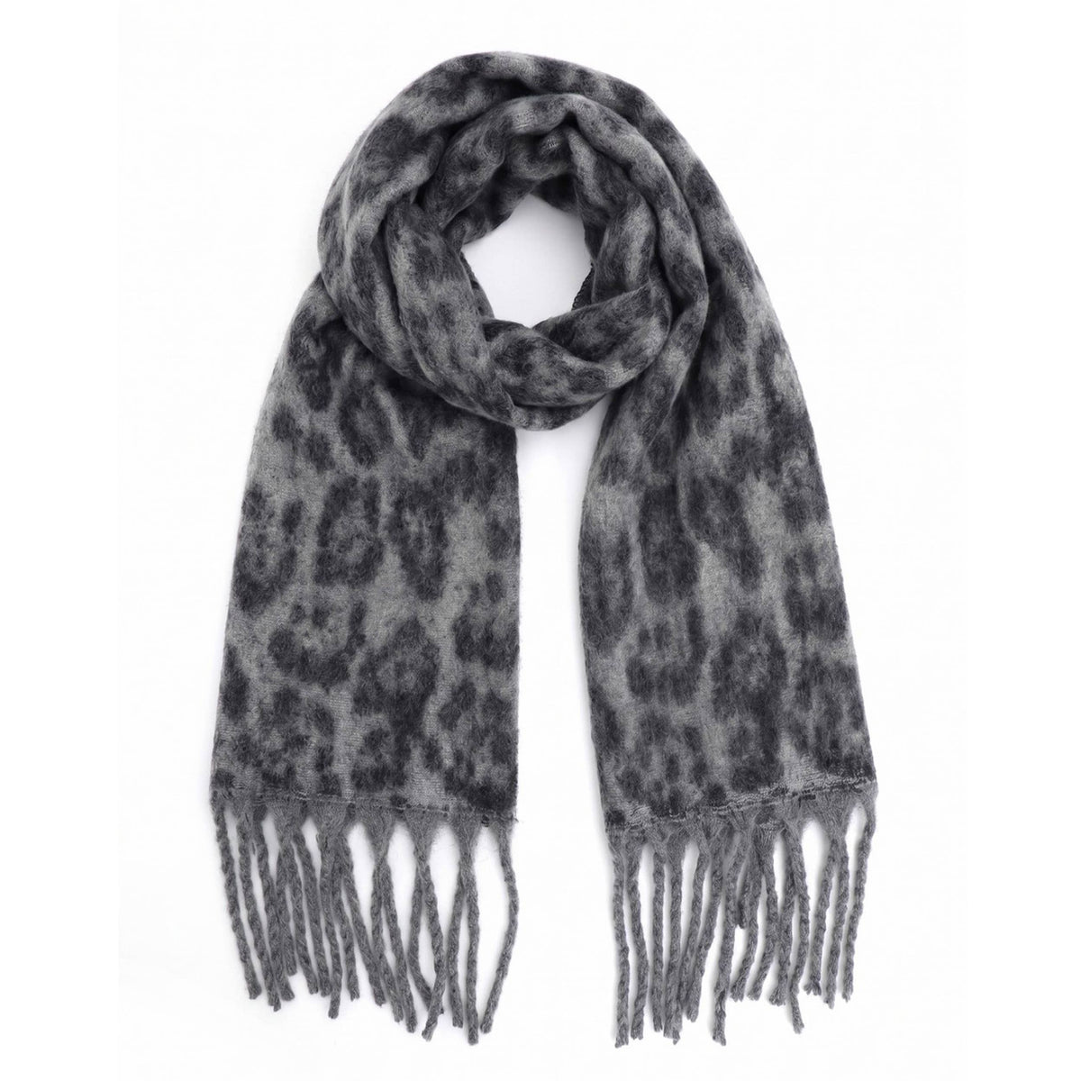 Leopard Pattern Print Brushed Fringe Oblong Scarf: Beige
