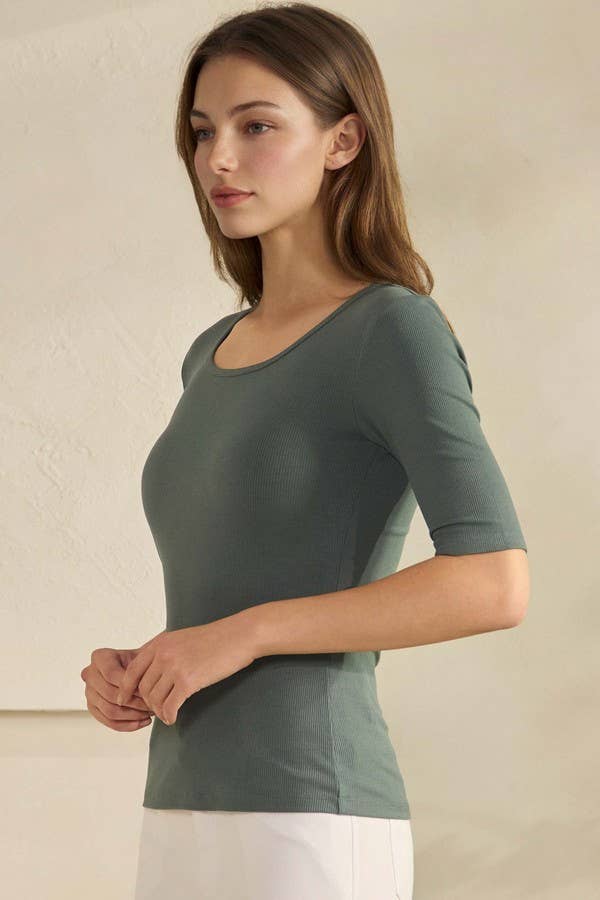 Pure Comfort Modern Mid Sleeve Ribbed Fitted Top: Black / M