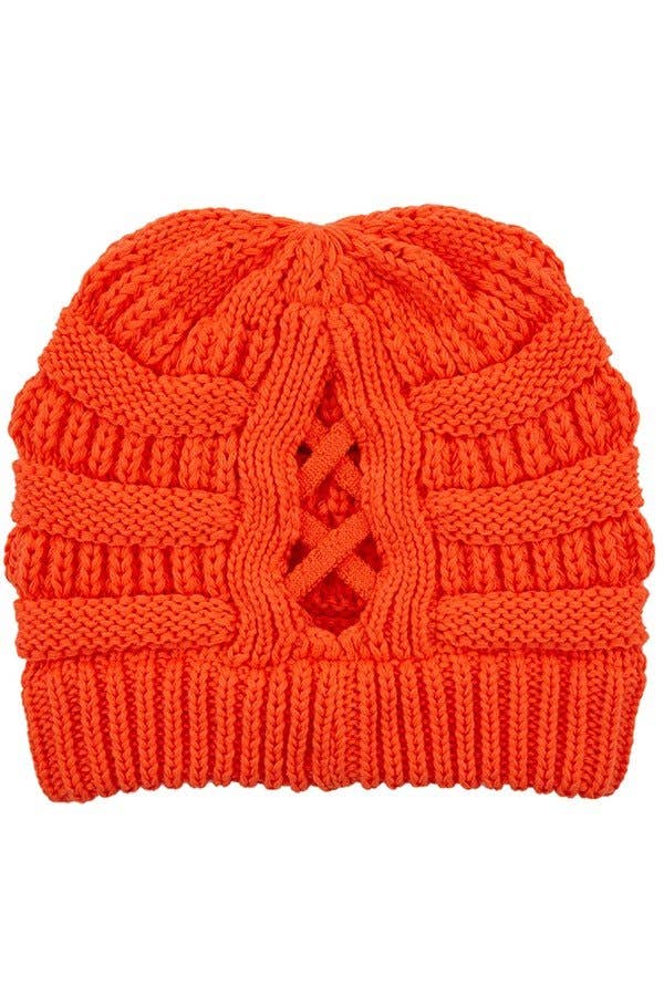 C.C Criss Cross Ponytail Knit Beanie Winter Hat: Burgundy