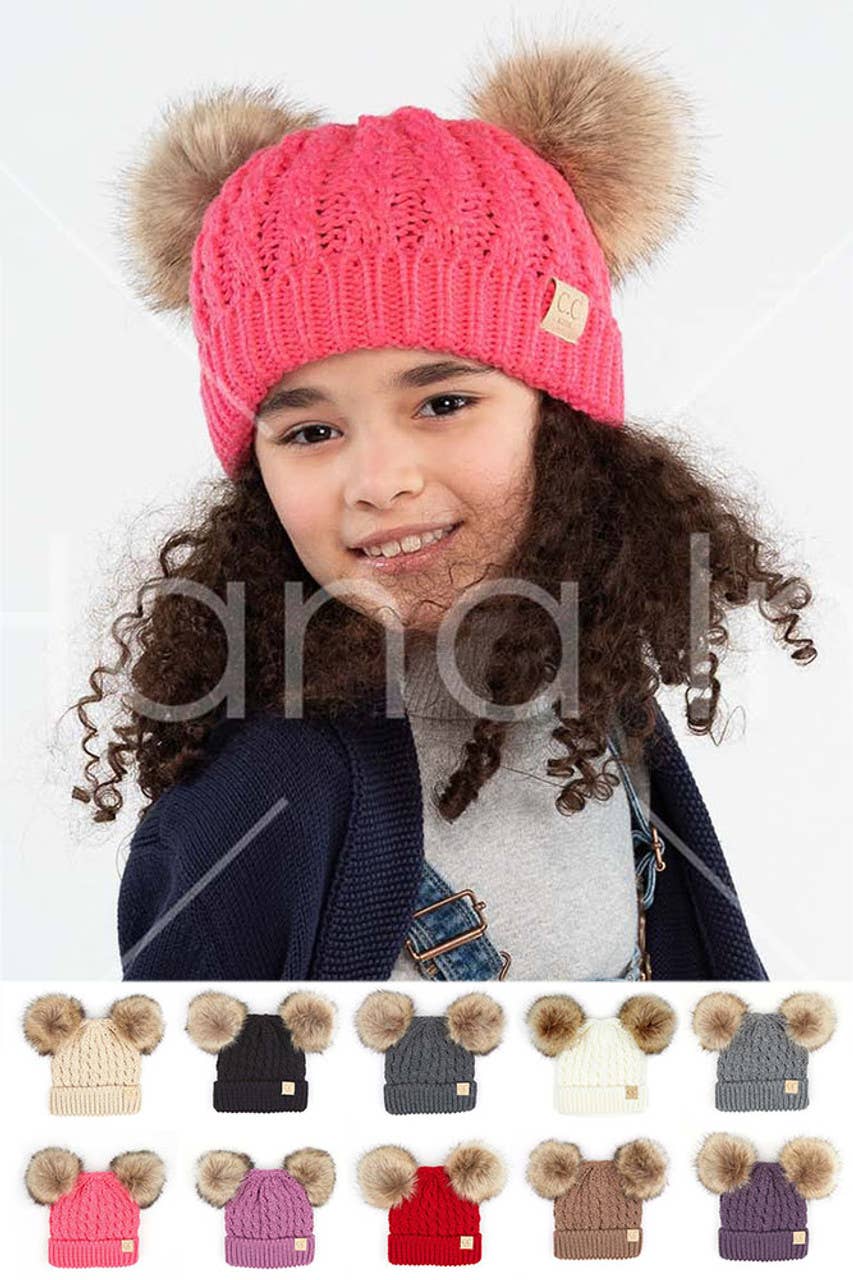 CC Kids Double Pom Pom All Over Cable Beanie: Light Melange Grey