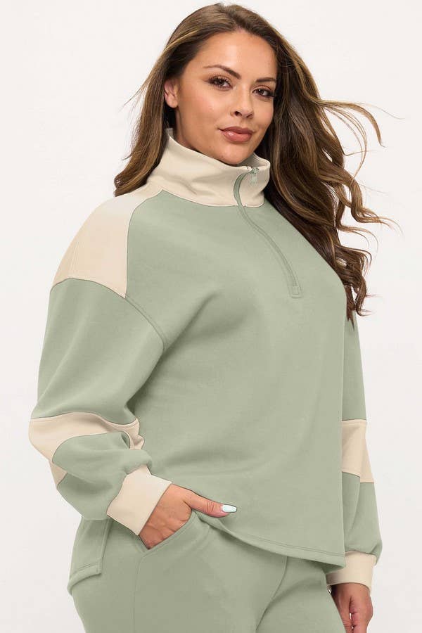 Women's Sleek Colorblock Half-Zip Cozy Fall Top Plus Size: Black/Light Khaki / XXL