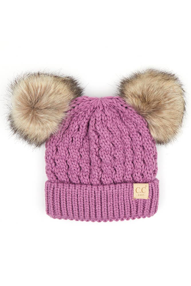 CC Kids Double Pom Pom All Over Cable Beanie: Light Melange Grey
