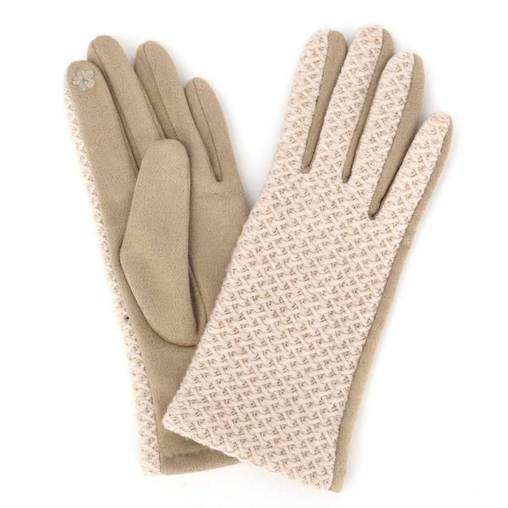 Herringbone Knit & Faux Suede Combi Touchscreen Gloves: Beige