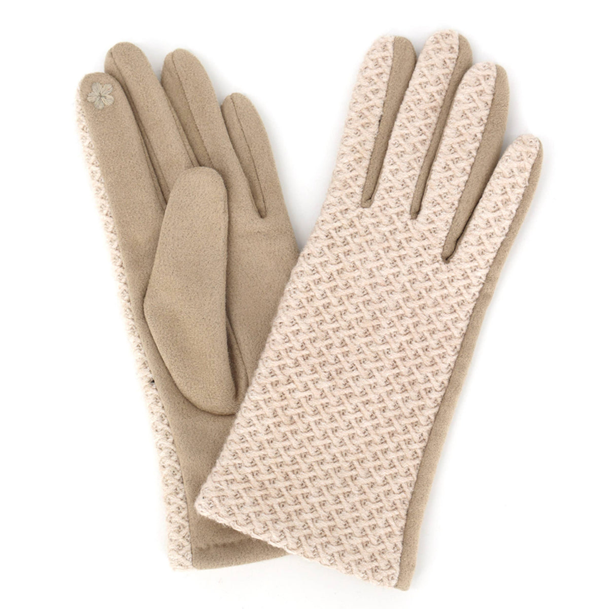 Herringbone Knit & Faux Suede Combi Touchscreen Gloves: Beige