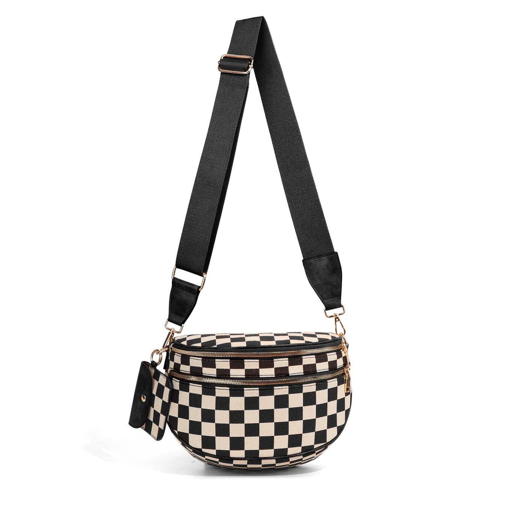 Kaylee Mixed Media Double Zip Crossbody Sling Bag: Cognac