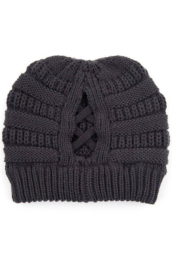 C.C Criss Cross Ponytail Knit Beanie Winter Hat: Black