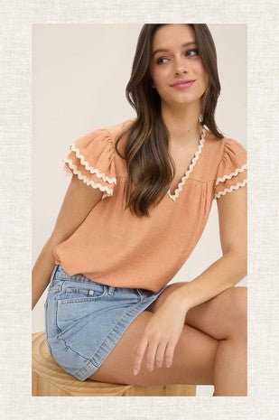 V-neck Wavy Trim Ruffle Sleeve Top