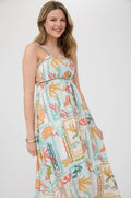 Summer Print Braid Trim Sleeveless Midi Dress