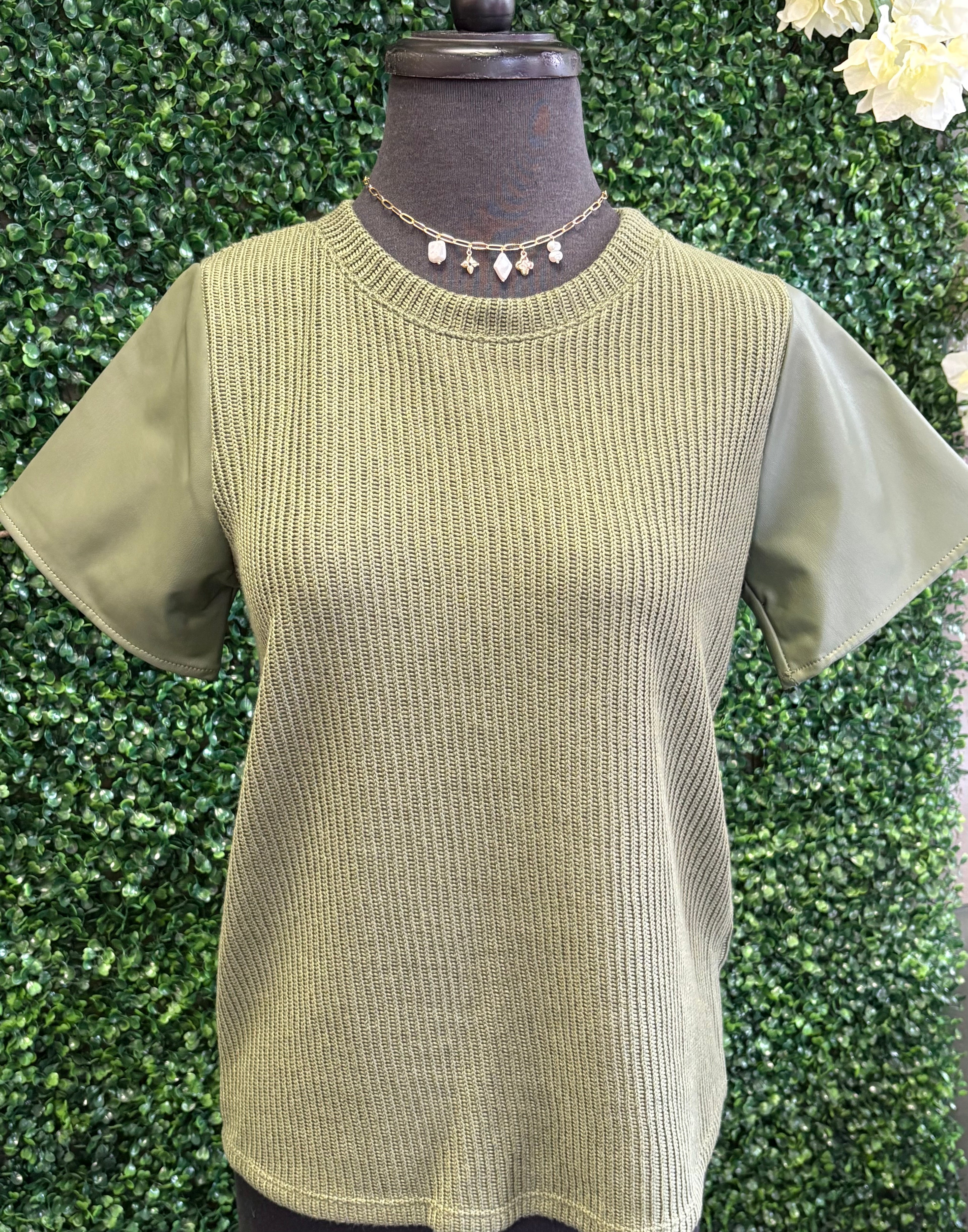 Knit Faux Leather Sleeve Sweater