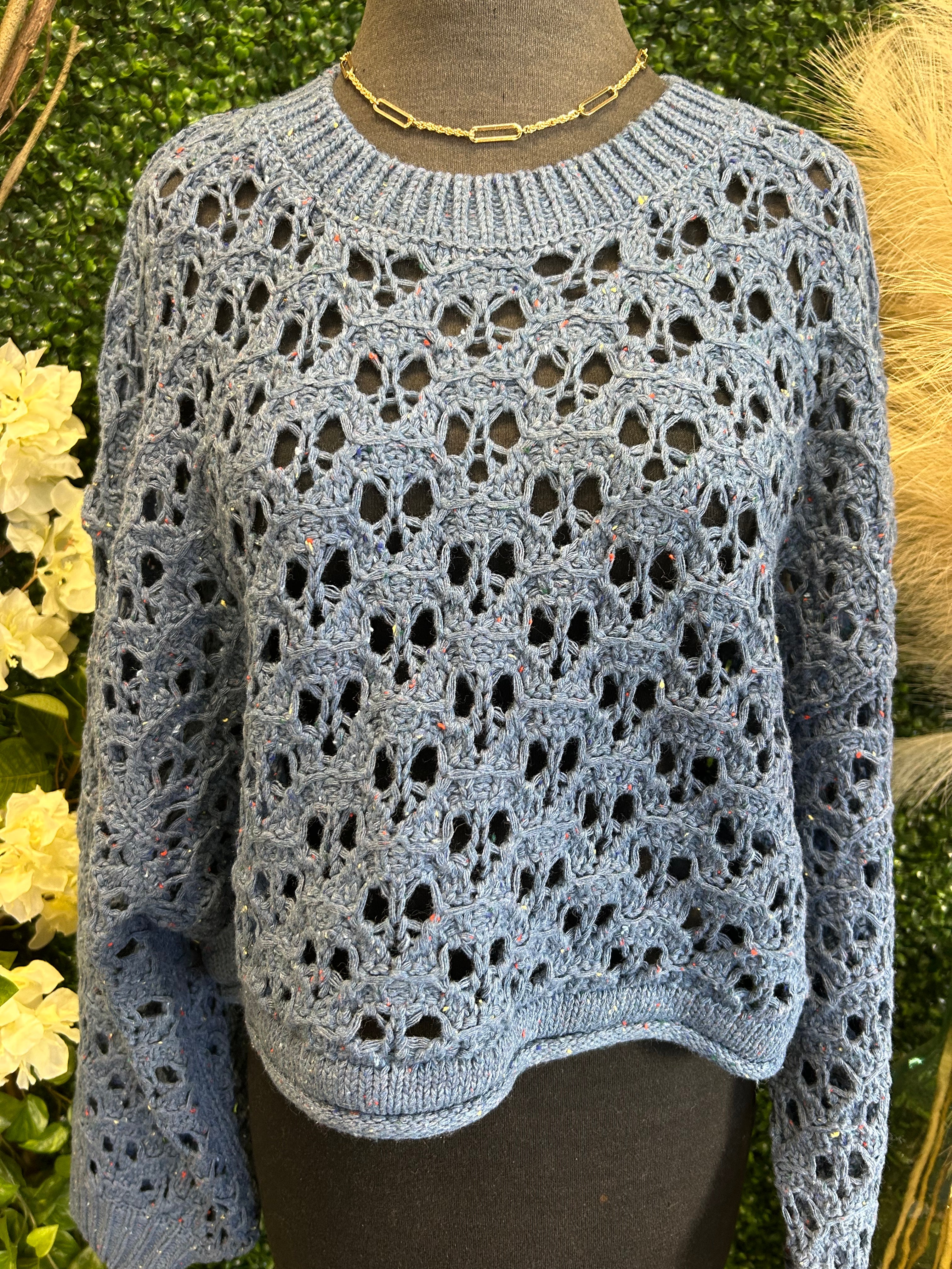 Cropped crochet knit sweater