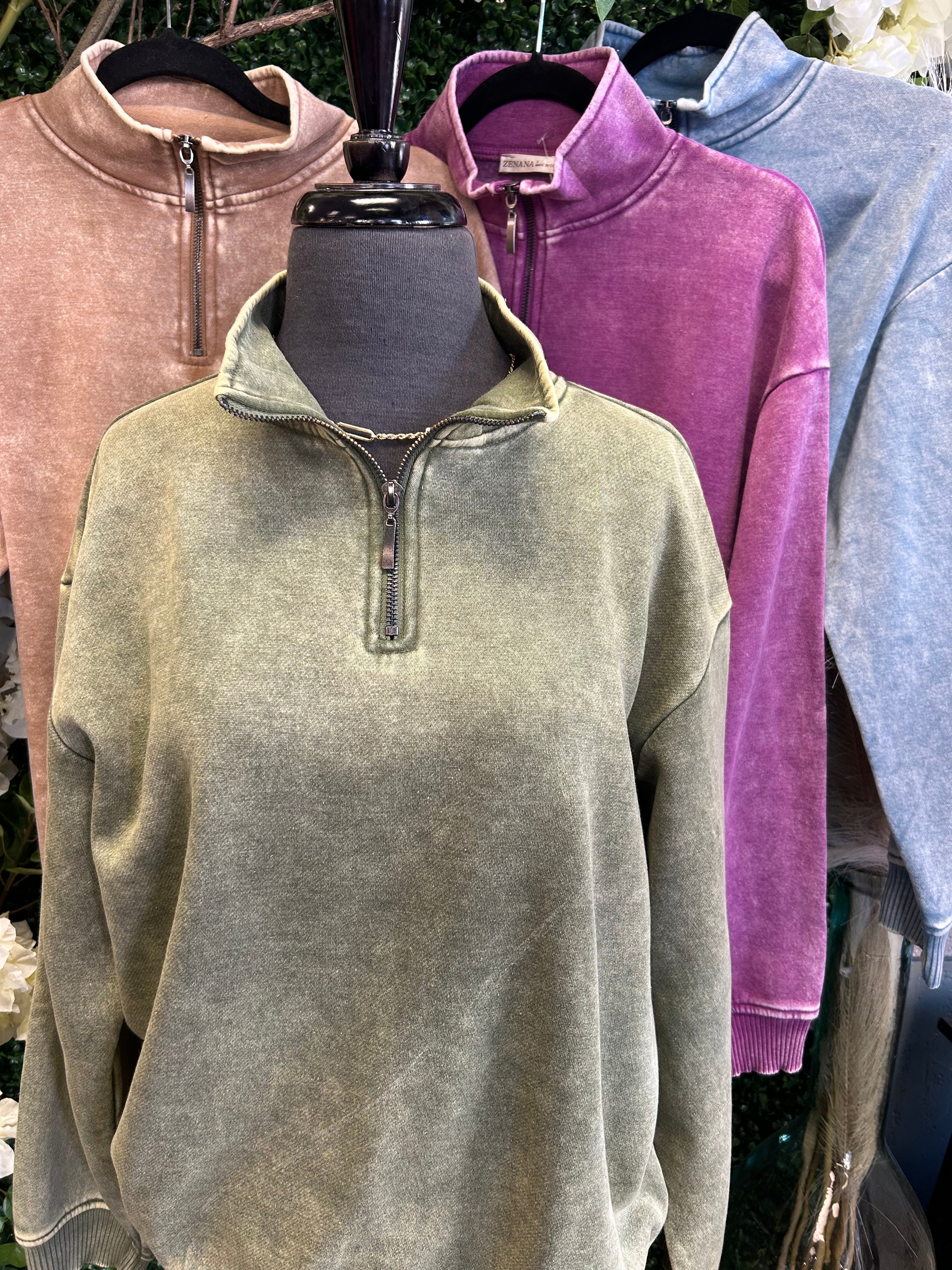 Acid wash exposed-seam fleece sweatshirt