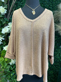3/4 sleeve v-neck hi-low hem jacquard sweater