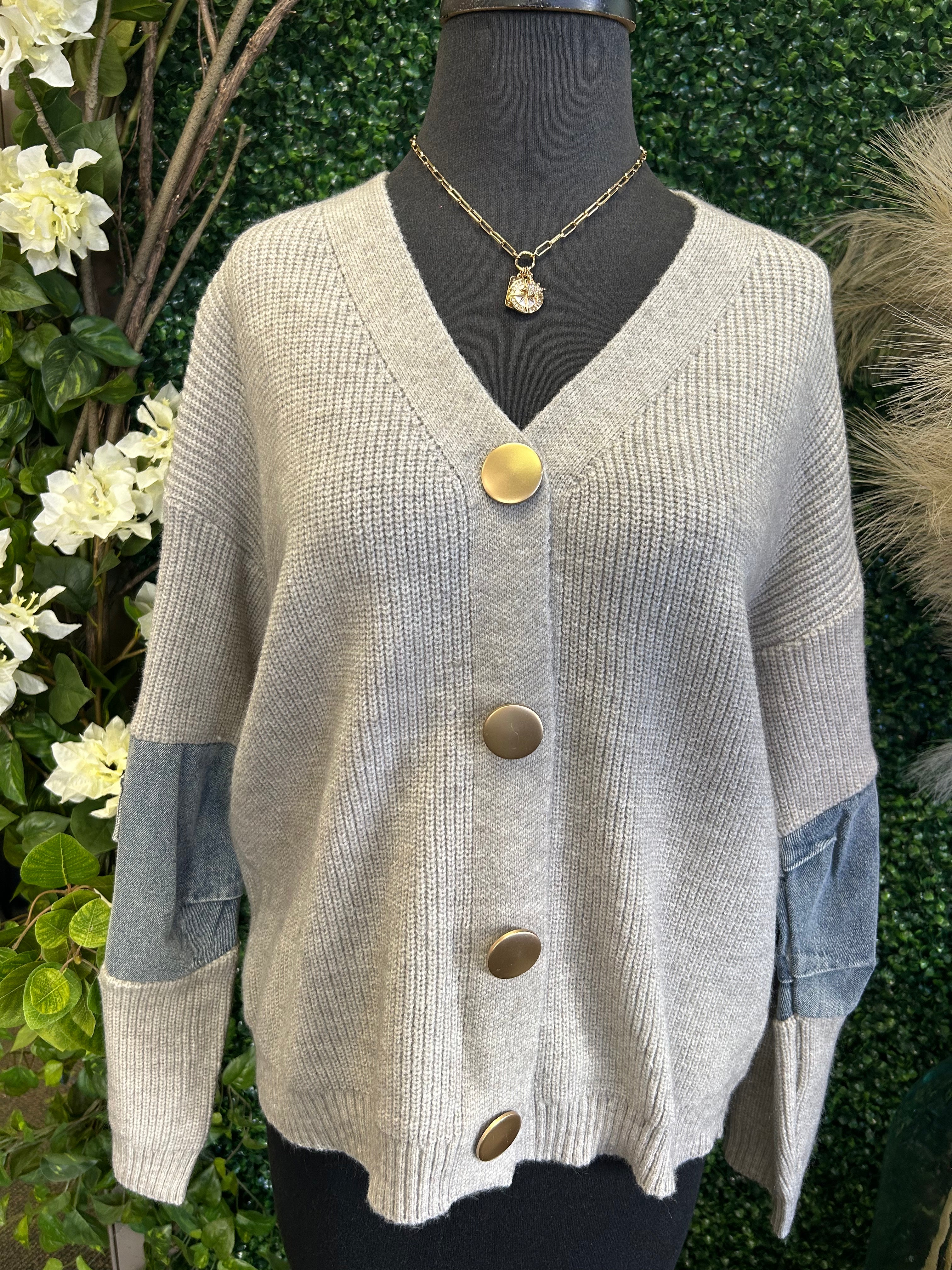 Knit Jacket with Denim Pockets