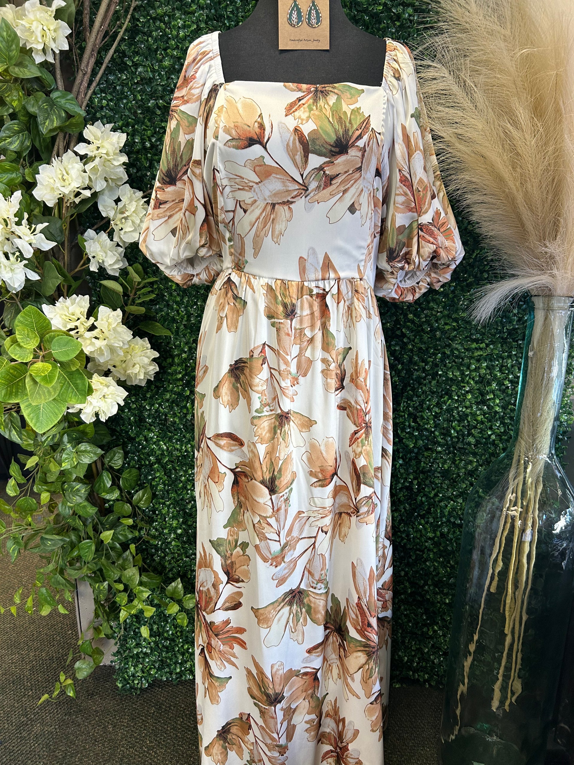 Cream Satin Floral Dress
