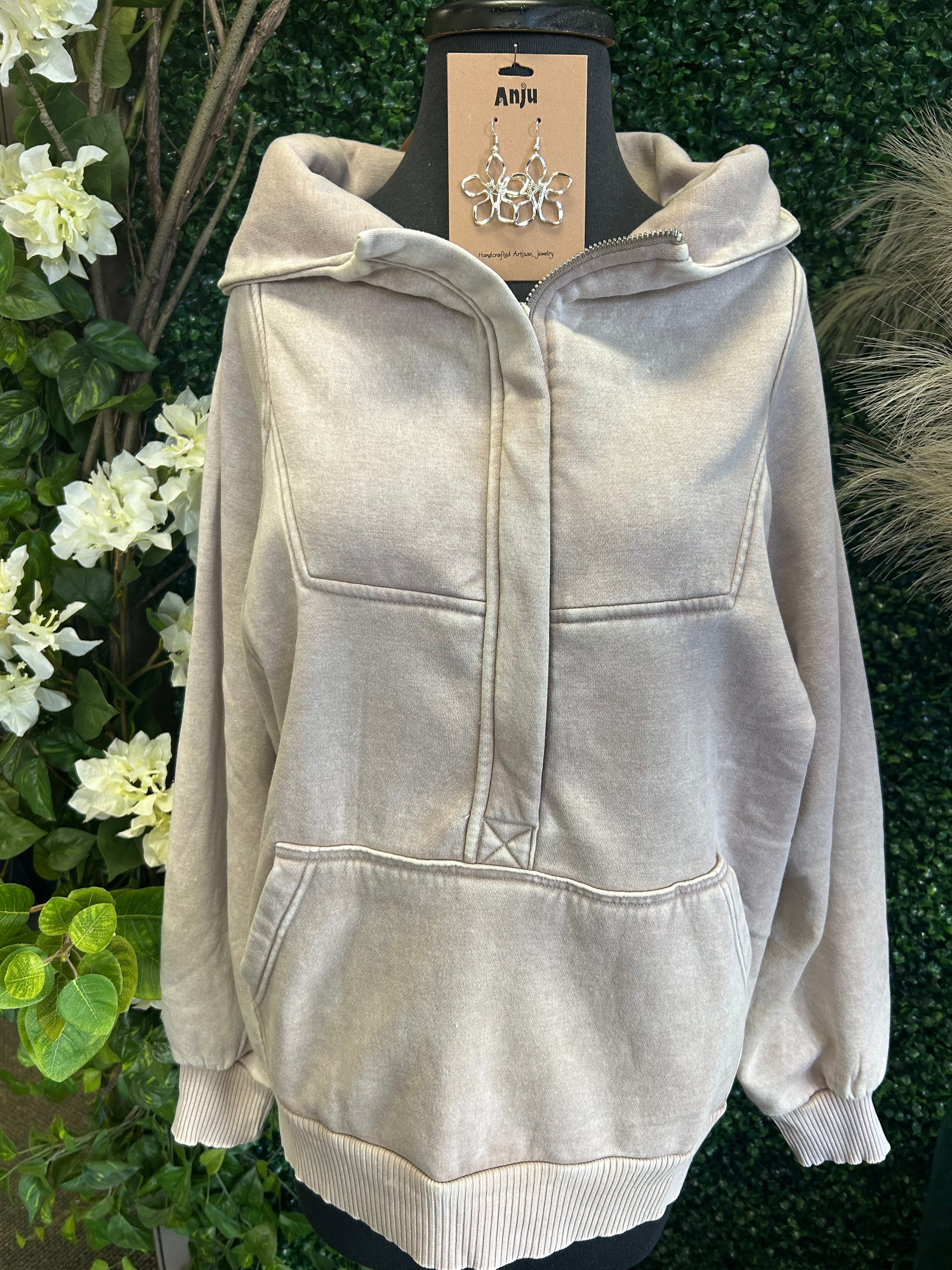 Acid wash fleece oversized 1/4 zip kangaroo hoodie