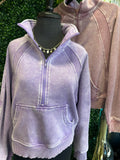 Acid washed half zip fleece pullover kangaroo pocket