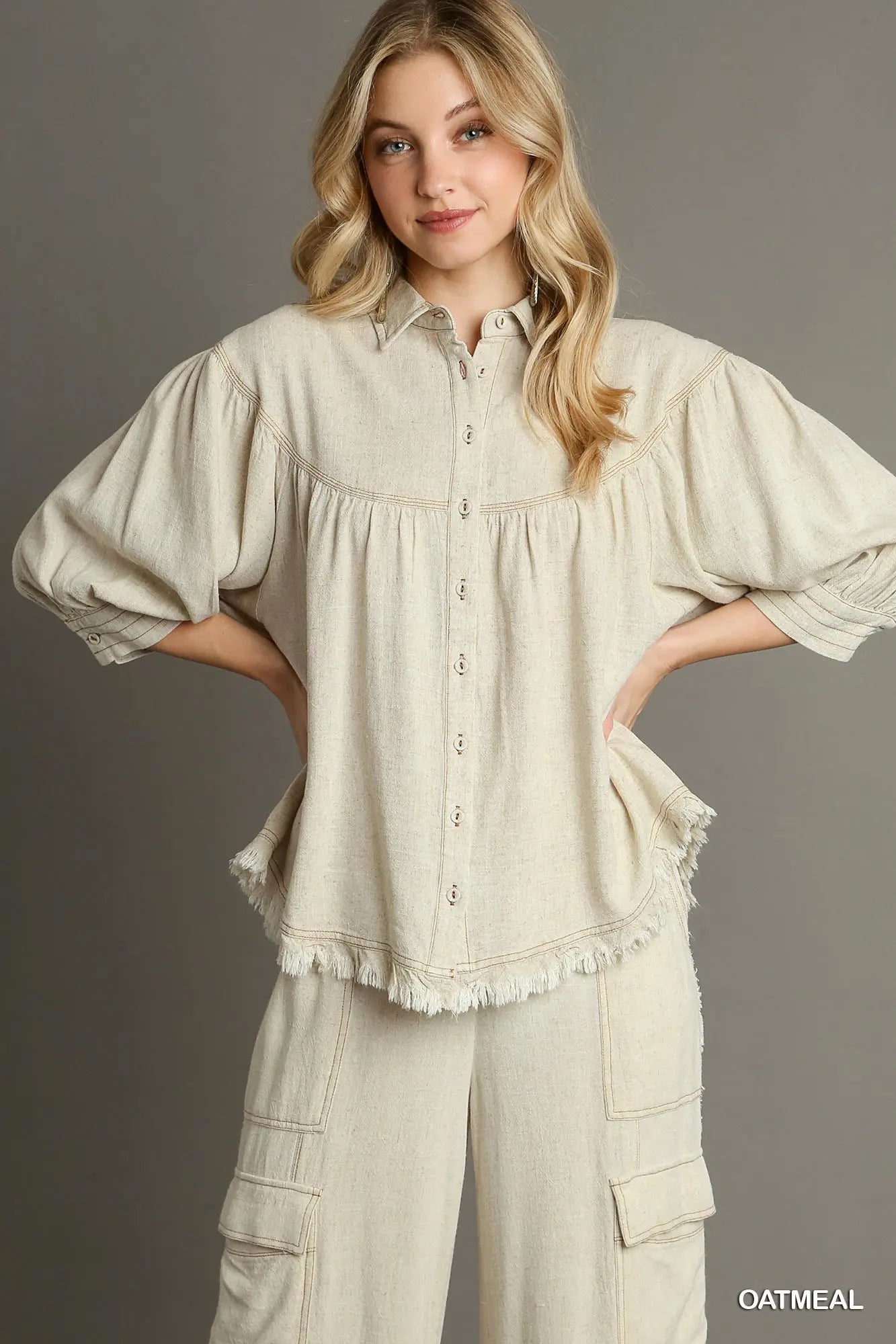 Linen Collared Button Down 3/4 Sleeve Top with Pleated Details & Frayed Hem