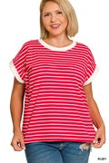 PLUS CONTRAST TRIM CAP SLEEVE STRIPE TEE