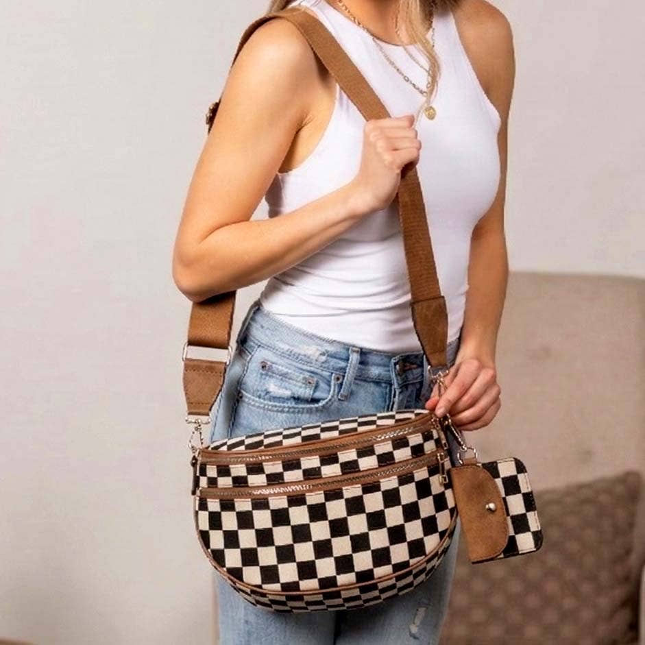 Kaylee Mixed Media Double Zip Crossbody Sling Bag: Cognac
