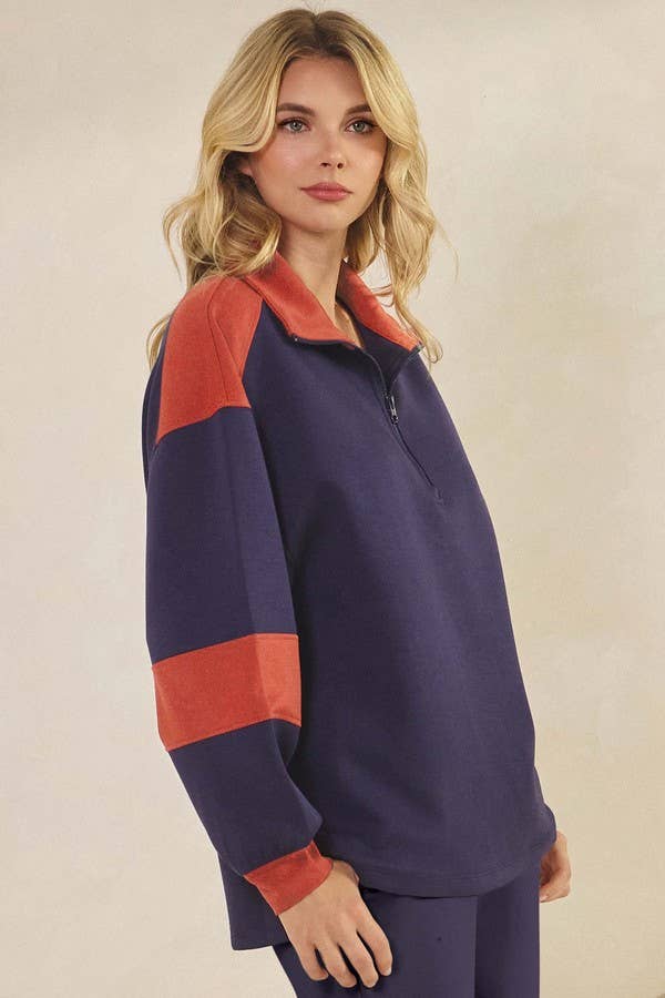 Women's Sleek Colorblock Half-Zip Cozy Fall Top Plus Size: Black/Light Khaki / XXL