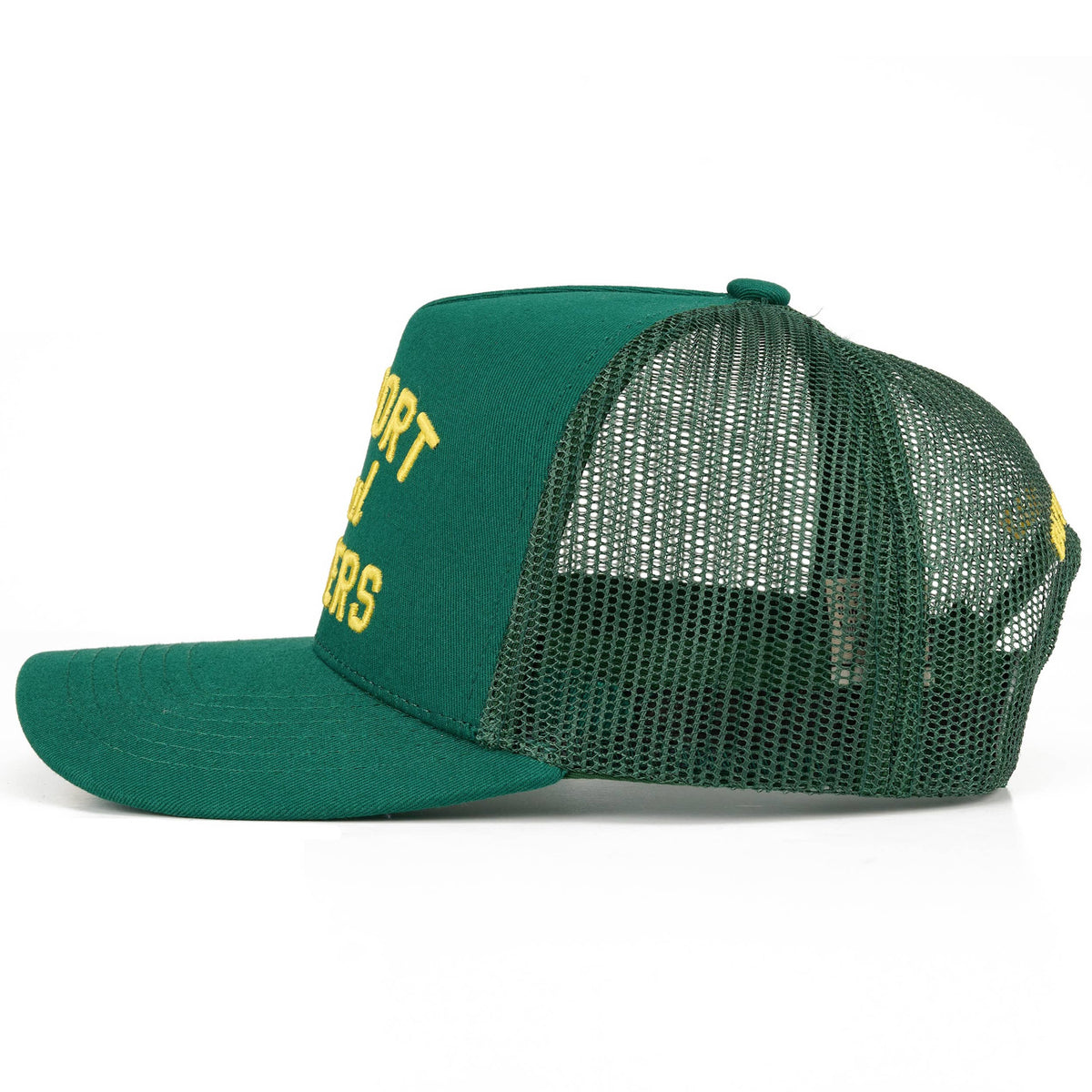 C.C SUPPORT LOCAL FARMERS Letter Two Tone Trucker Hat: Dark Green