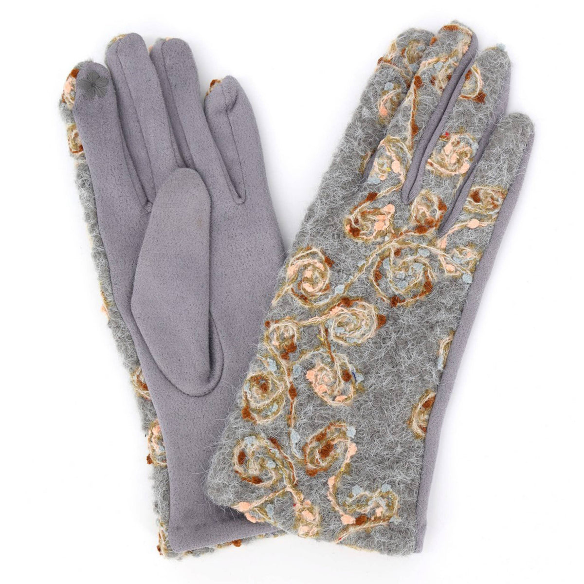 Floral Embroidered Touchscreen Gloves: Taupe