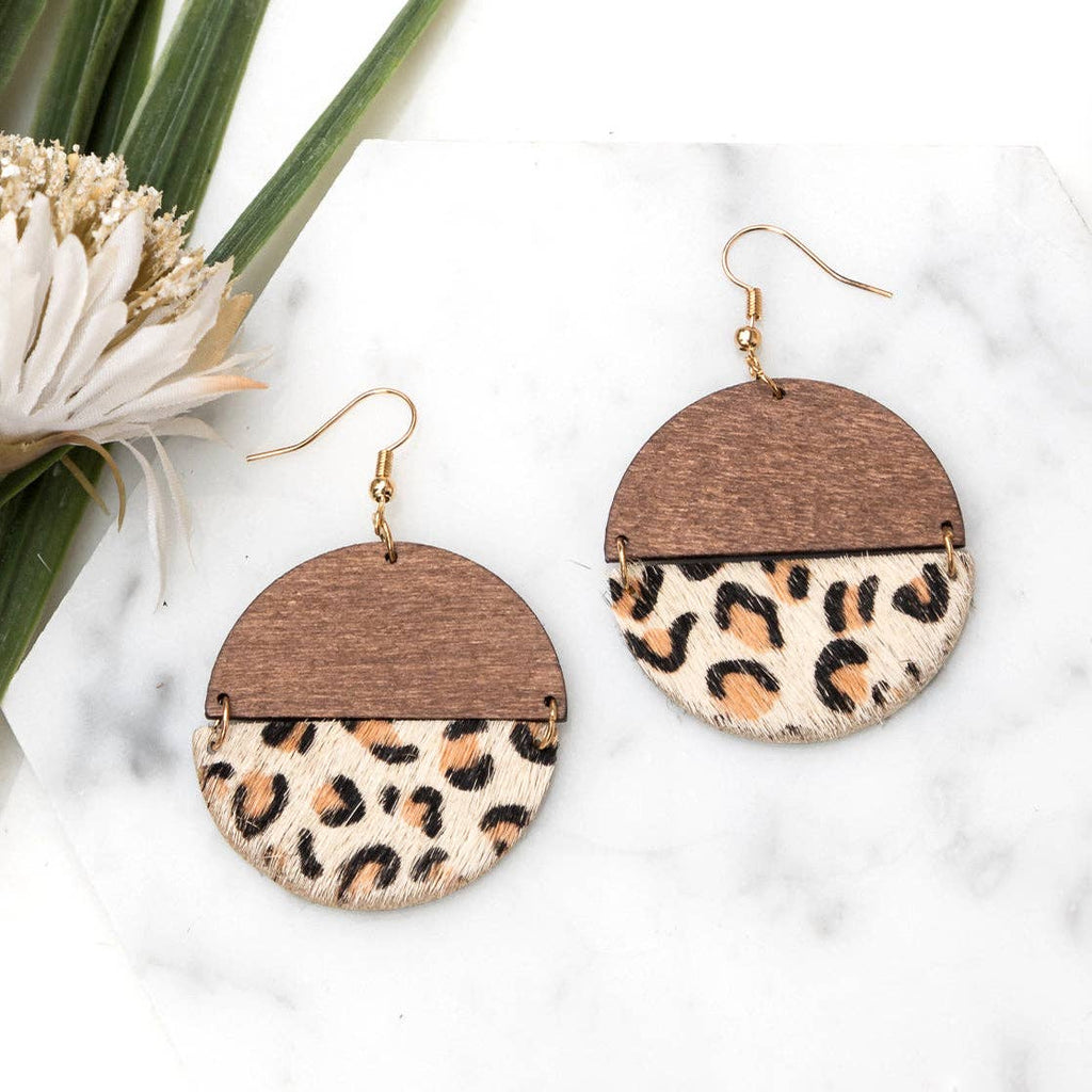 Everyday Leather & Wood Earrings: Beige Leopard