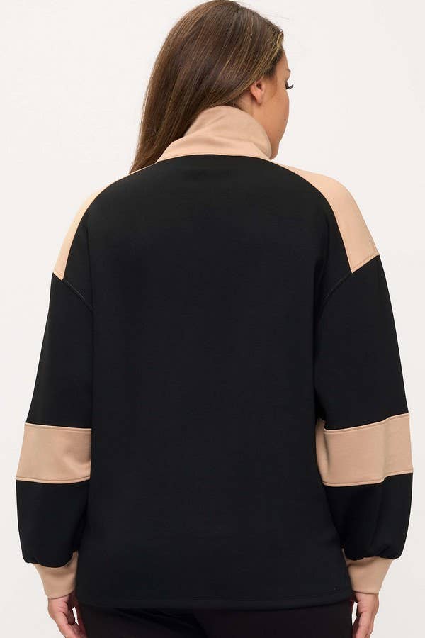 Women's Sleek Colorblock Half-Zip Cozy Fall Top Plus Size: Black/Light Khaki / XXXL