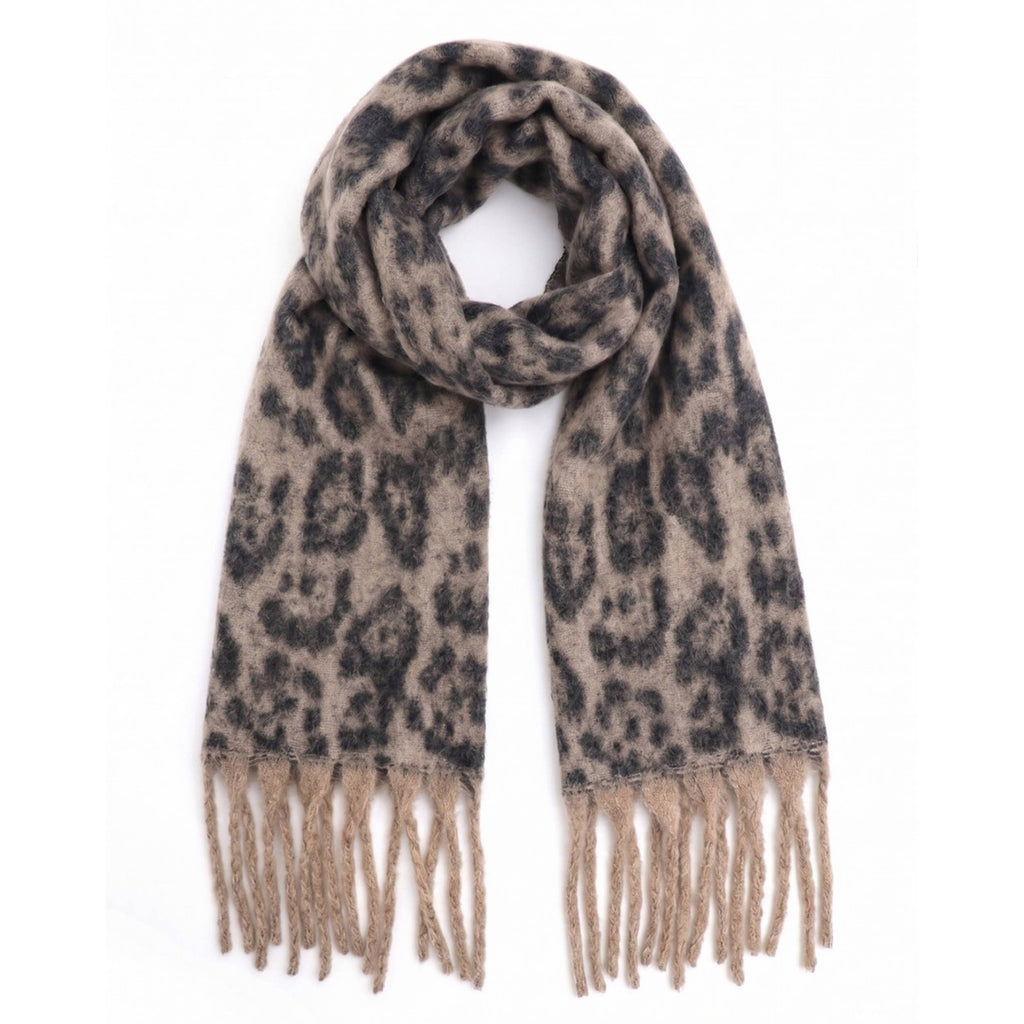 Leopard Pattern Print Brushed Fringe Oblong Scarf: Beige