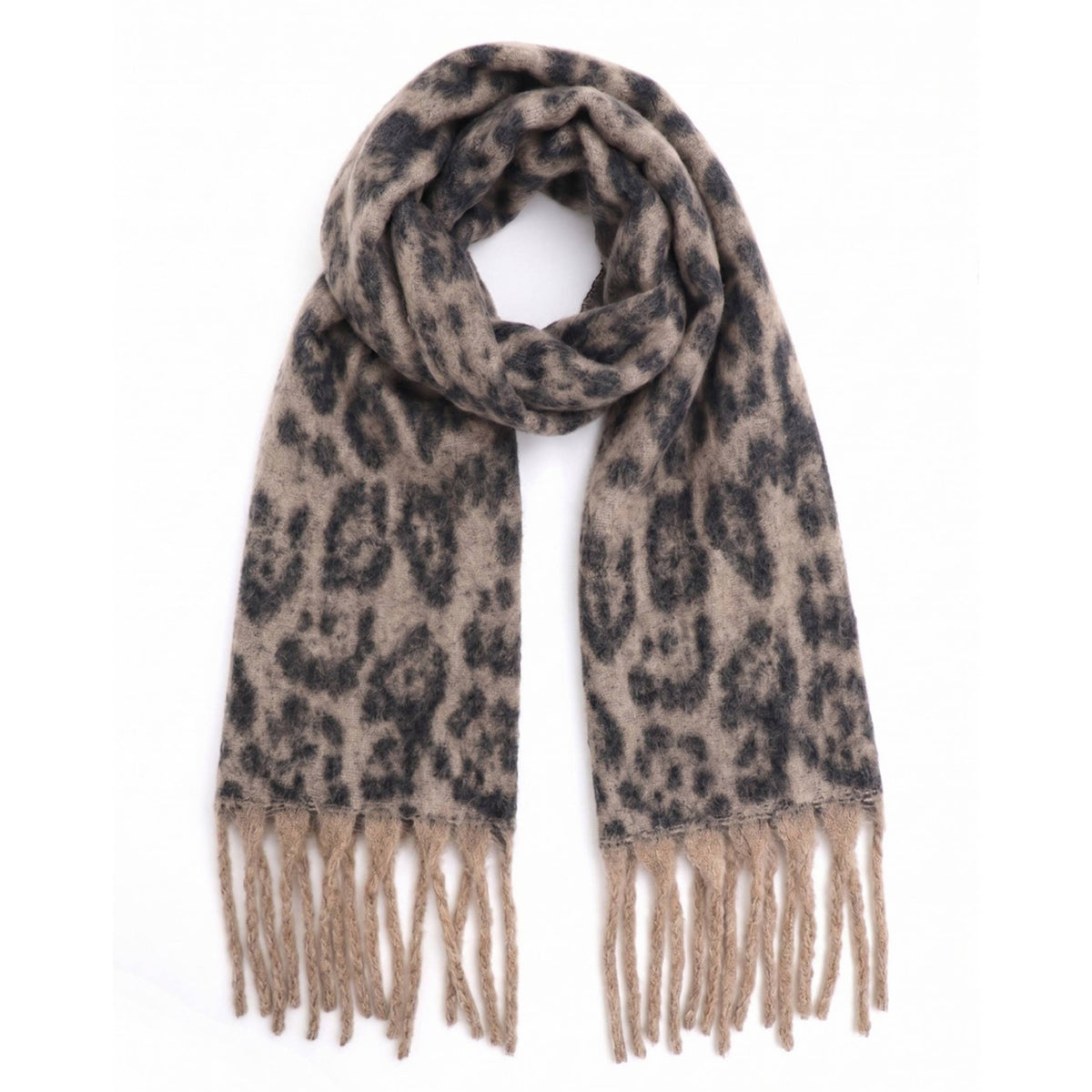 Leopard Pattern Print Brushed Fringe Oblong Scarf: Beige