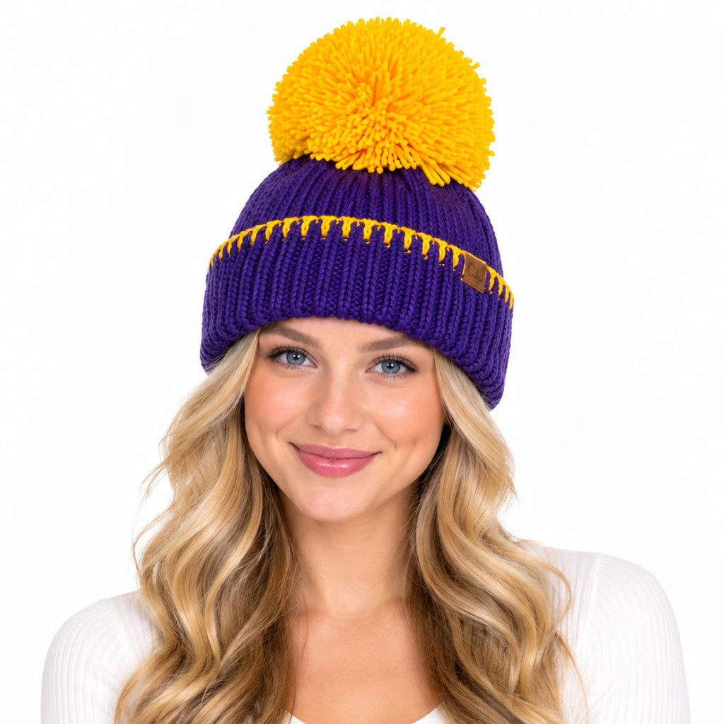 C.C Yarn Pom Game Day Team Stitch Point Beanie Hat: Red/Black