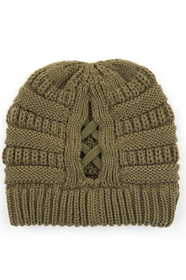 C.C Criss Cross Ponytail Knit Beanie Winter Hat: Beige