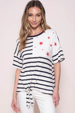 Rayon Poly-cotton Blend Stripe Top With Front Tie