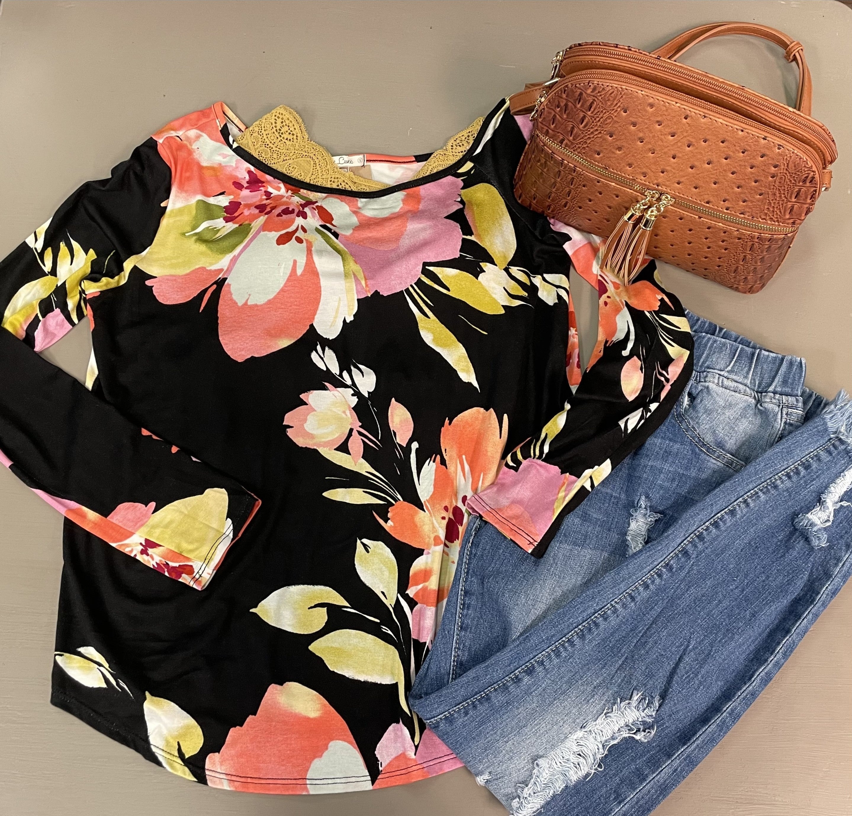 Black Floral Off Shoulder Top