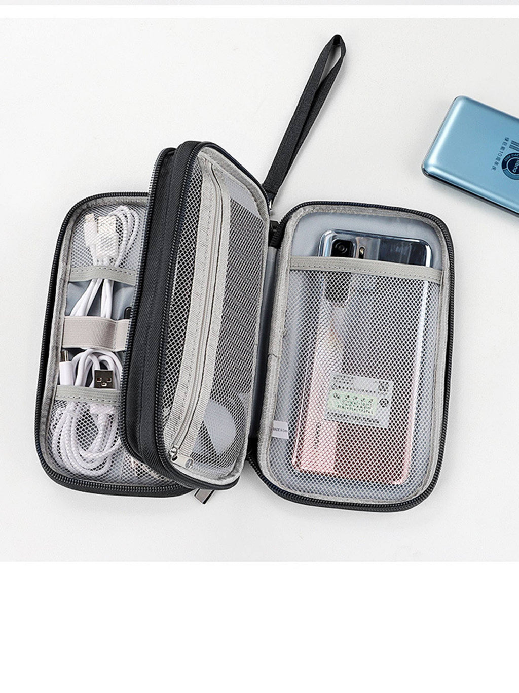 Electronic Organizer with 3 Compartments Travel Portable Bag: Black
