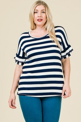 Stripe Round Neck Ruffle Top