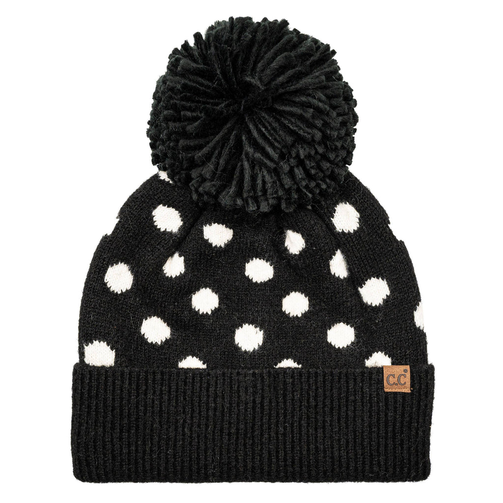 C.C Polka Dot Pattern Pom Beanie Winter Hat: Black