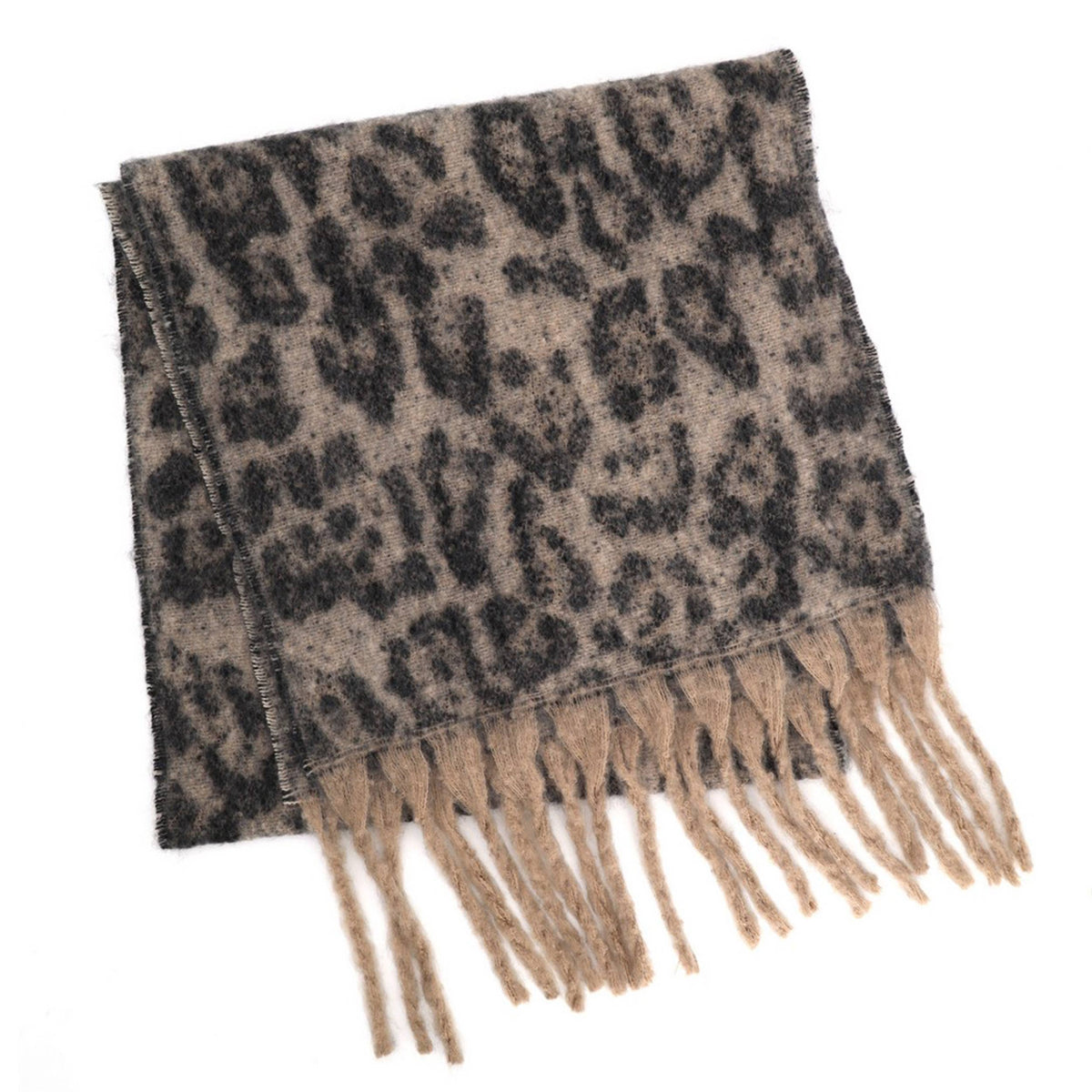 Leopard Pattern Print Brushed Fringe Oblong Scarf: Beige