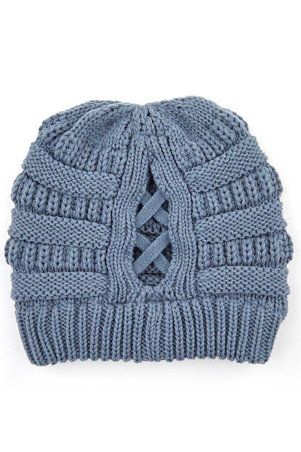 C.C Criss Cross Ponytail Knit Beanie Winter Hat: Beige