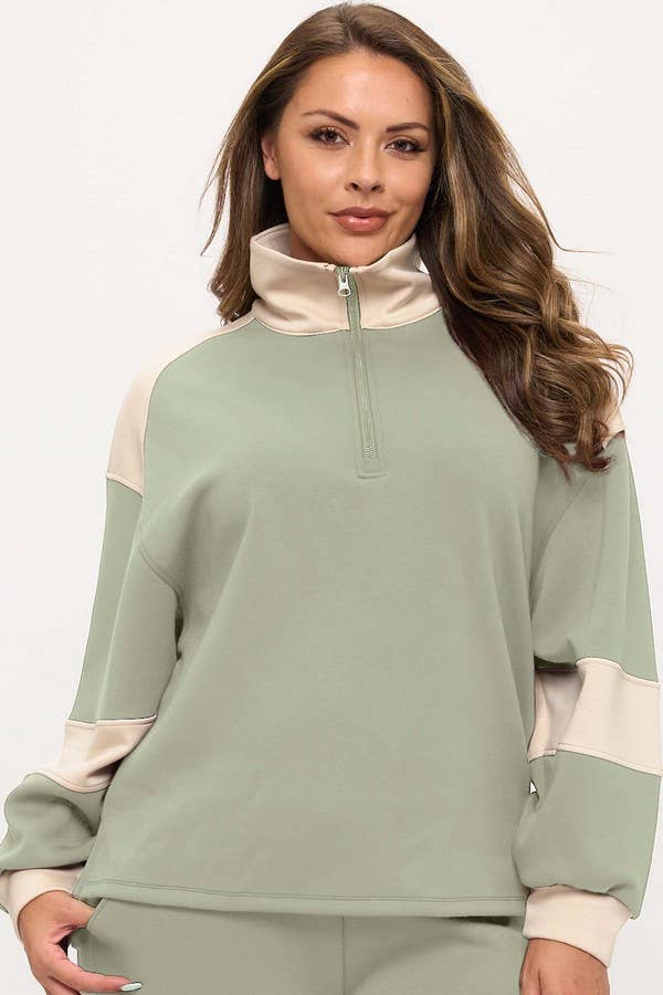Women's Sleek Colorblock Half-Zip Cozy Fall Top Plus Size: Black/Light Khaki / XXL