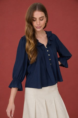 Ruffled Vneck Button Down 3/4 Sleeve Blouse