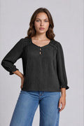 Plus Crochet Trim V-neck 3/4 Sleeve Henley Top